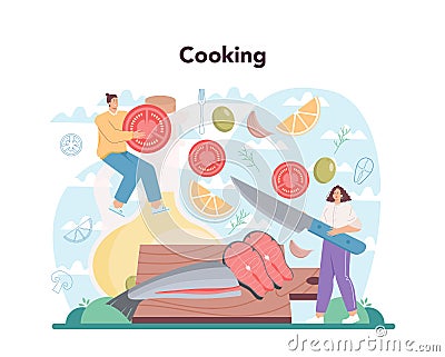 Salmon steak. Chef cooking grilled fish steak on the plate with lemon Vector Illustration