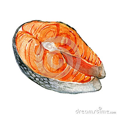 Salmon steak isolated on white, watercolor illustration Cartoon Illustration