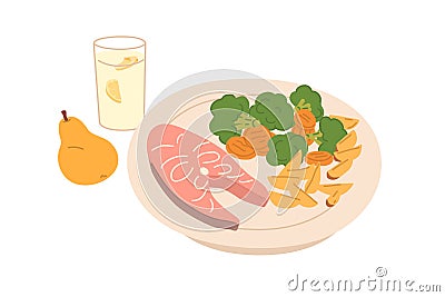 Salmon steak and steamed vegetables served on plate. Healthy food and drink for lunch, dinner or supper. Tasty balanced Vector Illustration