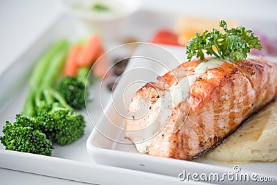 Salmon Steak with Vegetables Stock Photo