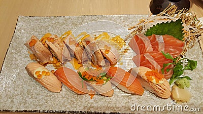 Salmon sushi and sashimi set Stock Photo