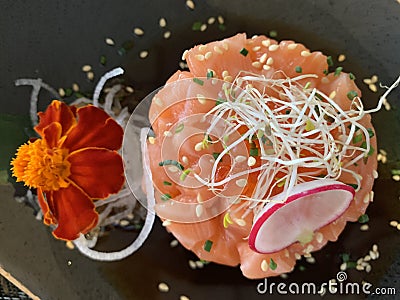 Salmon tartar with radish and seeds. Stock Photo