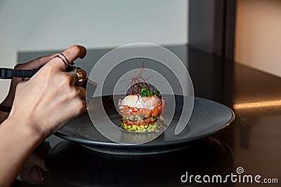 Salmon tartare with raw egg in the kaiseki fine dining Japanese restaurant Stock Photo