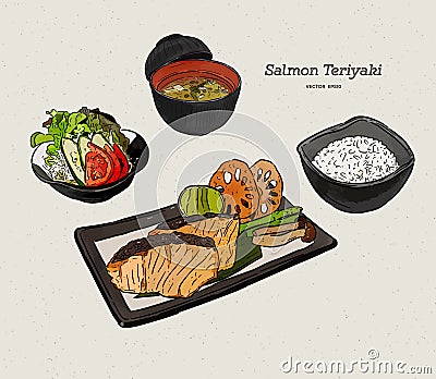 Salmon teriyaki, japanese food. Hand draw sketch vector Vector Illustration
