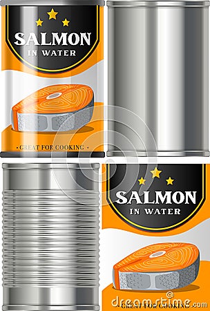 Salmon tinned can isolated set Vector Illustration