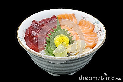 Salmon and Tuna Chirashi sashimi of fresh raw Salmon fish and Tuna fish on rice of Japanese tradition food restaurant Stock Photo