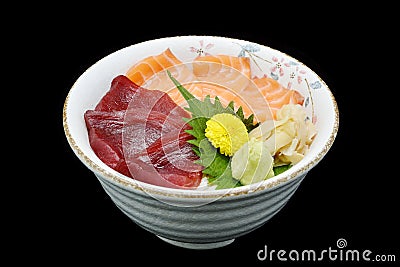 Salmon and Tuna Chirashi sashimi of fresh raw Salmon fish and Tuna fish on rice of Japanese tradition food restaurant Stock Photo