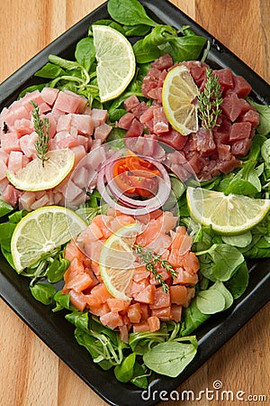 Salmon, tuna and swordfish tartare Stock Photo