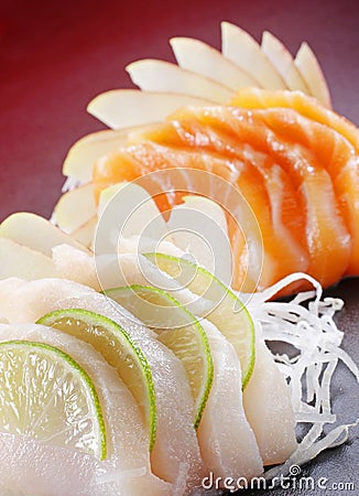 SALMON AND WHITE FISH SASHIMI Stock Photo