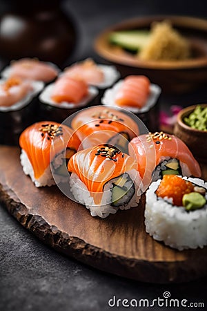 seafood rice japanese food roll fish meal set sushi japan. Generative AI. Stock Photo