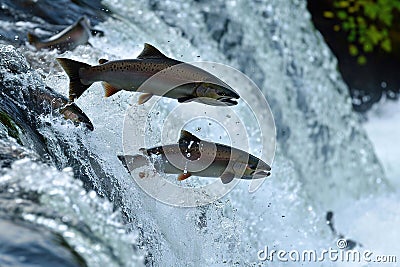 Salmons go for spawning upstream. Generative AI Stock Photo