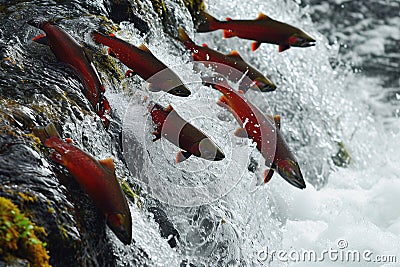 Salmons go for spawning upstream. Generative AI Stock Photo