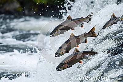 Salmons go for spawning upstream. Generative AI Stock Photo