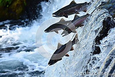 Salmons go for spawning upstream. Generative AI Stock Photo