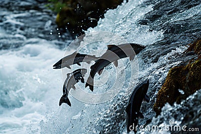 Salmons go for spawning upstream. Generative AI Stock Photo