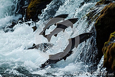 Salmons go for spawning upstream. Generative AI Stock Photo