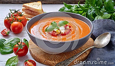 Salmorejo is a traditional Spanish food, especially from Andalusia, whose main ingredients are tomato, bread, pepper, garlic, oil Stock Photo