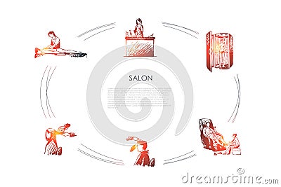 Salon - massage of back and foot, hairdressing, solarium and salon reception vector concept set Vector Illustration