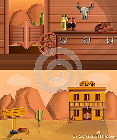 Saloon banner set, cartoon style Vector Illustration