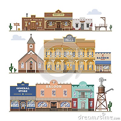 Saloon vector wild west building and western cowboys house or bar in street illustration wildly set of country landscape Vector Illustration