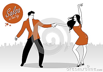 Salsa in the City. Young couple dancing latin music Vector Illustration