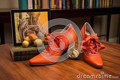 salsa dance instruction book open on a table with shoes Stock Photo