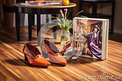 salsa dance instruction book open on a table with shoes Stock Photo