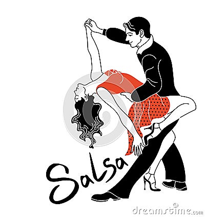 Salsa party dance poster. Elegant couple dancing salsa. Retro style. Silhouettes of people dancing salsa Fishnet stockings Vector Illustration