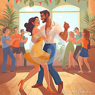 Salsa party, latino dancer illustration. Cuban couple of happy woman and man. Social salseros: flat style Cartoon Illustration