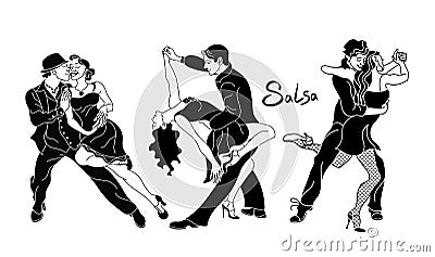 Salsa party poster. Set of elegant couple dancing salsa.Retro style. Black Silhouettes of people dancing salsa and musicians Vector Illustration