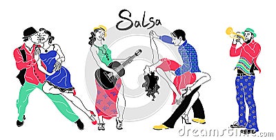 Salsa party poster. Set of elegant couple dancing salsa.Retro style. Silhouettes of people dancing salsa and musicians trumpeter Vector Illustration