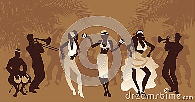 Salsa Party Time. Group of three girls dancing latin music and three musician playing bongos, trumpet and trombone. Stock Photo
