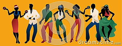 Salsa Party Time. Group of three men and four women dancing latin music. Stock Photo