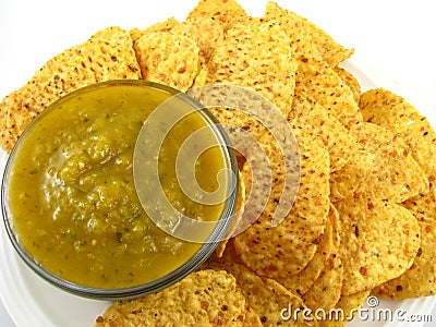 Salsa Verde and Chips Stock Photo