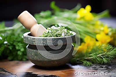salsa verde in a mortar with pestle, herbs around Stock Photo