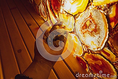 Interior of a rock salt sauna with lights and a variety of gemstones in a resort in Vietnam Editorial Stock Photo