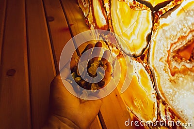 Interior of a rock salt sauna with lights and a variety of gemstones in a resort in Vietnam Editorial Stock Photo