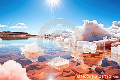 salt crystals sparkling under the midday sun on a lagoon Stock Photo