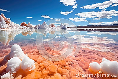 salt crystals sparkling under the midday sun on a lagoon Stock Photo