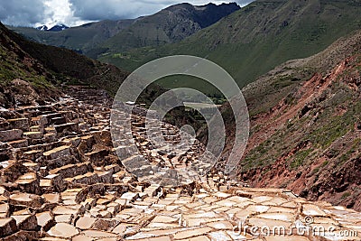 Salt evaporation ponds in Maras in Peru Stock Photo