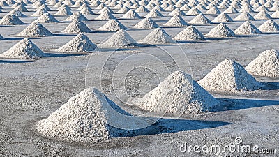 Salt farming using sunlight from the heat,Salt will be gathered together as a pile, waiting to be transported to the barn Stock Photo