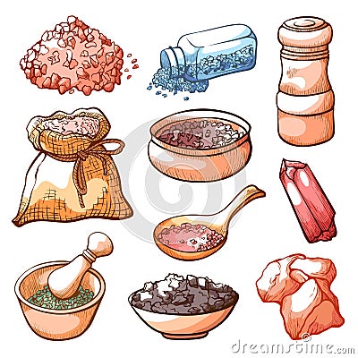 Salt hand drawn set, cooking natural ingredient Vector Illustration