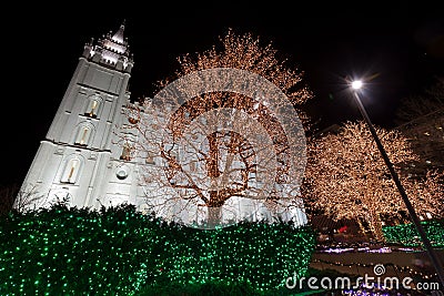 Salt Lake City Temple with Christmas Lights Editorial Stock Photo