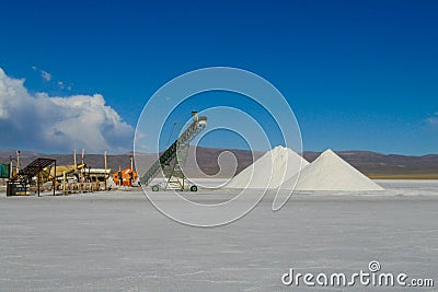 Salt mine infrastructure on a salt flat lake Stock Photo