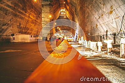 Salt Mine interior with colorful lights tourist attraction salt mine travel concept destination underground Editorial Stock Photo