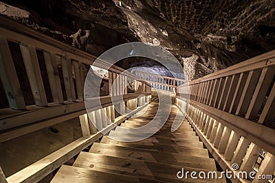 Salt miners stairs deep undeground - Wieliczka Salt Mine Stock Photo