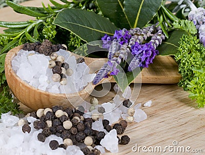 Salt, Pepper, Herbs Stock Photo