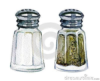 Salt and pepper shaker isolated on white, watercolor illustration Cartoon Illustration