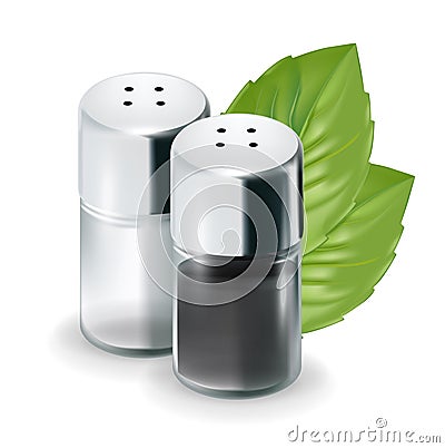 Salt and pepper shakers with leaves isolated Vector Illustration