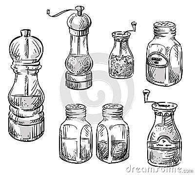 Salt and pepper shakers. Spice containers. Vector Illustration